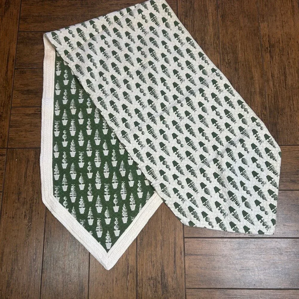 Reversible Table Runner Green Cream Topiary Tree Design 74 X 17